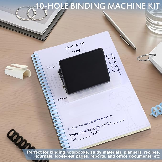 10 Hole Punch Binding Machine for Planner, Metal Binder Machine Kit with 10Pcs Plastic Comb Binding Spines & 30Pcs Loose Leaf Binder Rings, Binder Hole Puncher for A4, A5 and B5 Paper