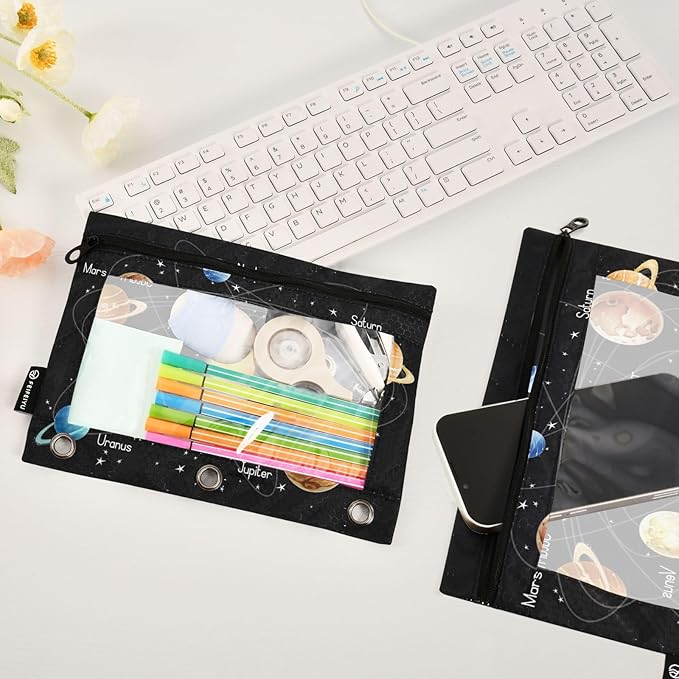 Solar System Pencil Pouch for 3 Ring Binder, 2 Pack Waterproof Pencil Bags Clear Window Zipper School Office Supplies