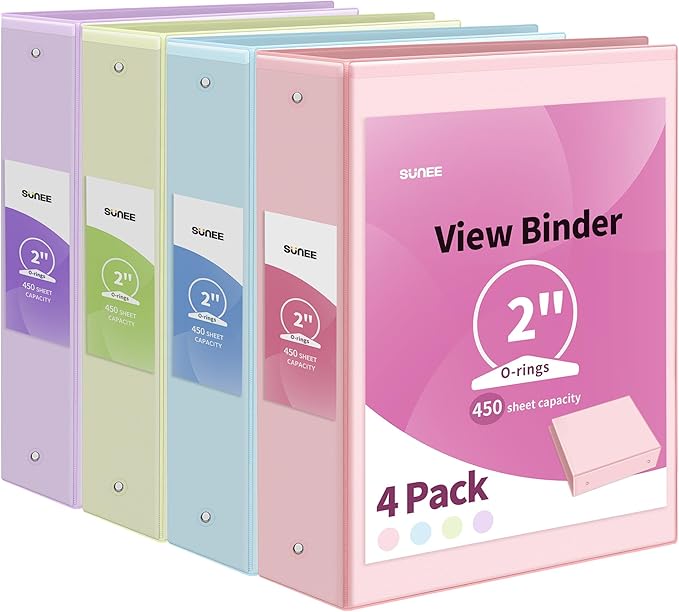 SUNEE 3 Ring Binders 2 Inch 4 Pack, Clear View Binder Three Ring PVC-Free (Fit 8.5x11 Inches) for School or Office Supplies, Assorted Pastel