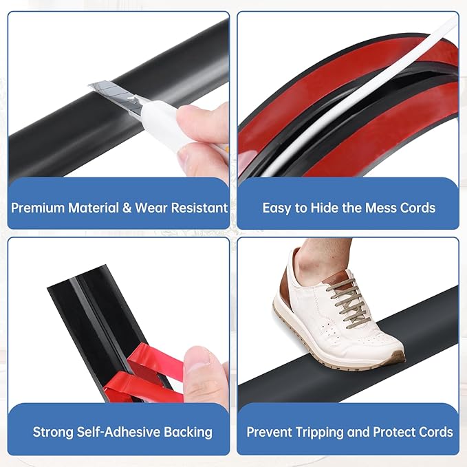Floor Cord Cover Self Adhesive Cord Hider Floor Extension Cord Covers for Floor Power Cord Protector Cable Management Prevent Cable Trips Cable Cavity 0.59" W x 0.31" H (Black, 3.3Ft)
