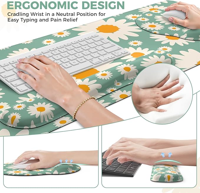 iCasso Desk Cover Mat, 4in1 Floral Large Mouse Pad with Wrist Rest, Desk Matt for Desktop, Anti-Slip XXL Big Computer Ergonomic Mousepad with Wrist Support for Keyboard and Mouse (Daisy)