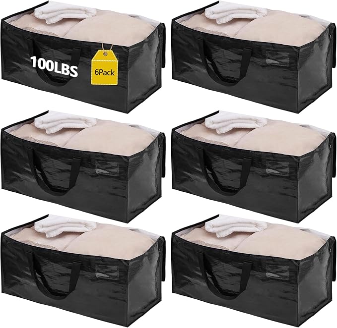 6 Pack Waterproof Moving Bags with Strong Zippers and Reinforced Handles, Real 100lb Capacity Extra Heavy Duty Large Storage Totes for Packing & Moving Storing, Alternative to Moving Boxes -95L,Black