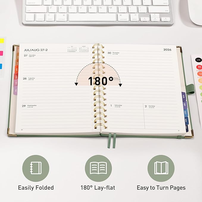 RETTACY 2026 Planner, Weekly and Monthly, Medium Size (5.7" x 8.3"), Jan - Dec 2026, Agenda, Calendar, 12 Month Tabs, Hardcover, 100 GSM Thick Paper, Spiral-bound (Light Green)