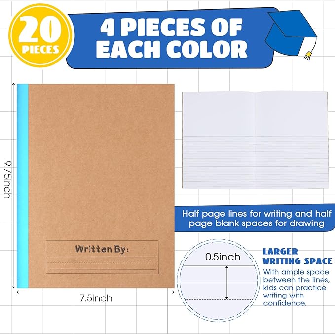 Henoyso 20 Pcs Primary Composition Notebook 9 3/4 x 7 1/2 Inch Kids Journal, Back to School Supplies, K-2 Primary Writing Notebook for Kids Student Draw and Write Story Journal (Blue)