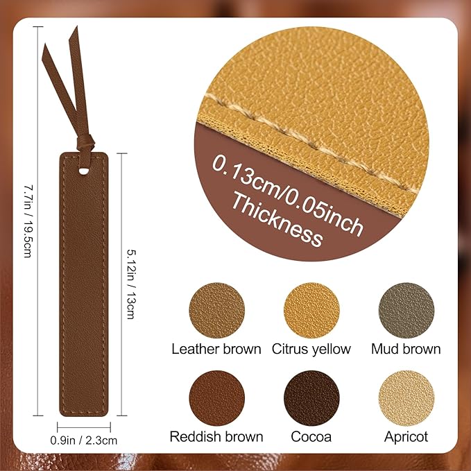 Leather Bookmark, 6 Pcs Classic Style Bookmark for Men, 0.05 Inches Thin Handmade Stitched Book Marks, Page Markers Reading Gifts for Book Lovers and School Students (Light Retro)