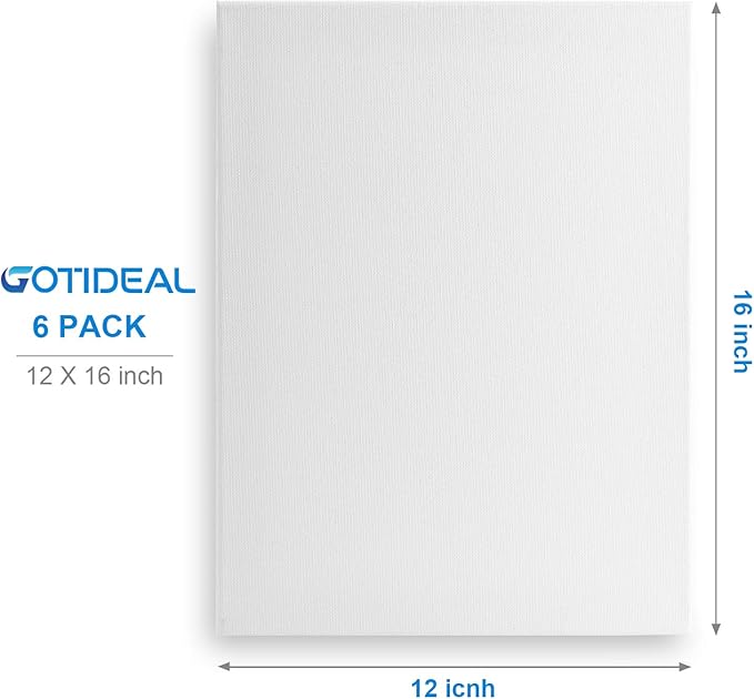 GOTIDEAL Stretched Canvas, 12x16 Inch Set of 6, Primed White - 100% Cotton Artist Canvas Boards for Painting, Acrylic Pouring, Oil Paint Dry & Wet Art Media