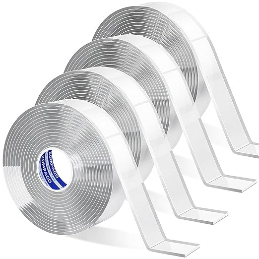 Heavy Duty Double Sided Nano Tape,4Roll,0.6inx9.84FT - Waterproof, Strong Adhesion, Clear, High Strength, No Residue Removability for Hanging, Wall Mounting, Home Decor, Adhesive for Shower
