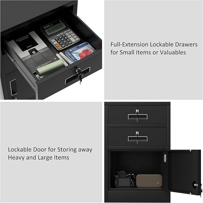 Metal Storage Cabinet with Locking Door and 2 Lockable Drawers for Home Office Bedroom Living Room (Black)
