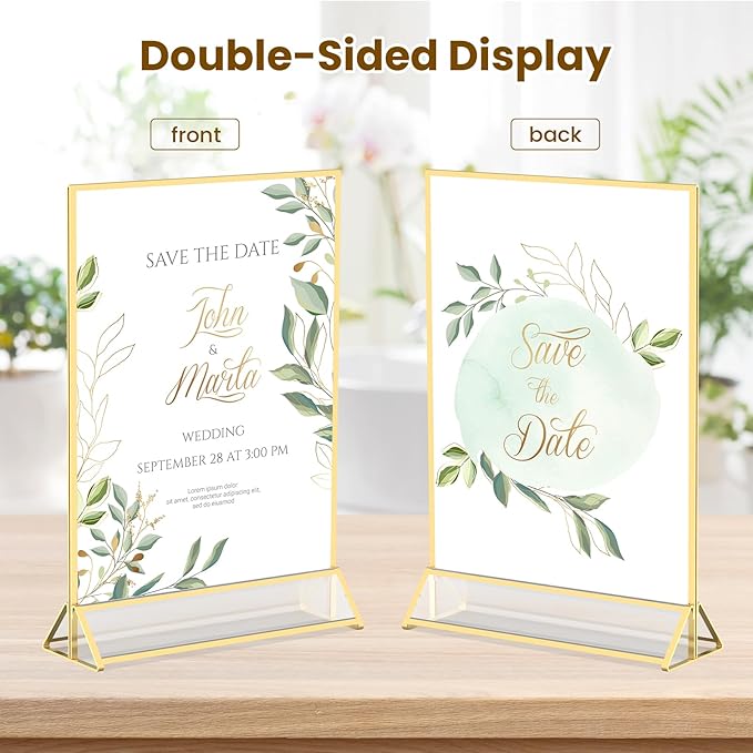 4X6 Acrylic Sign Holder Tabletop Gold Frames 4X6 Picture Frames for Wedding Table Numbers Display Stand Flyer Holder with Double Sided Sticky Dots-6Pack