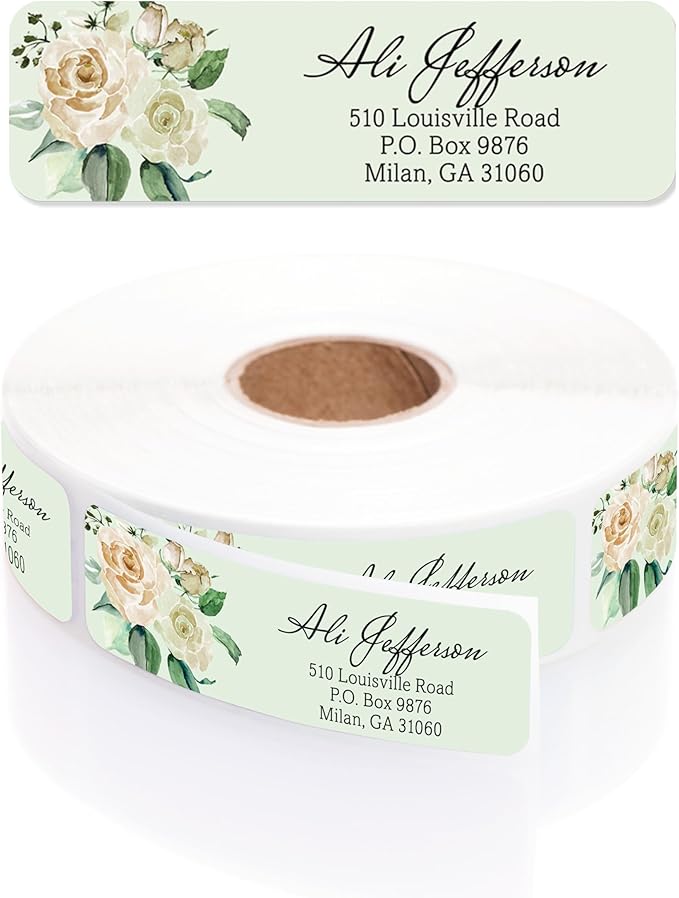 Green Watercolor Floral Rolled Address Labels / 250 Personalized Return Address Labels/Designer Address Stickers in Elegant Plastic Dispenser