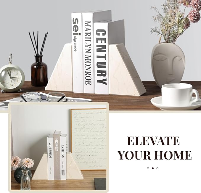 Koville Marble Bookends for Shelves, Large Bookends for Heavy Books, Non-Slip Heavy Duty Book Stopper for CD/Movies, Aesthetic Decorative Bookends for Shelves Table Home Decor(Beige)