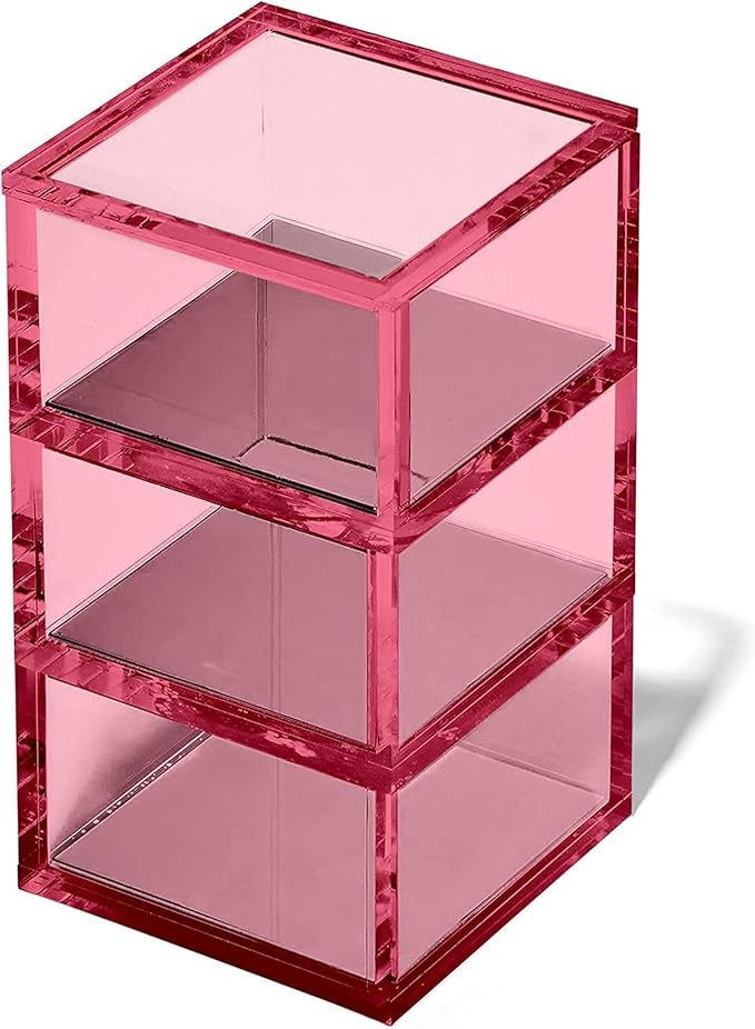 OfficeGoods 3-Tier Stackable Acrylic Holder- Stylish Desk Organizer and Storage for Office or Home – Transparent Square Design, Pink with Silver Metal Base