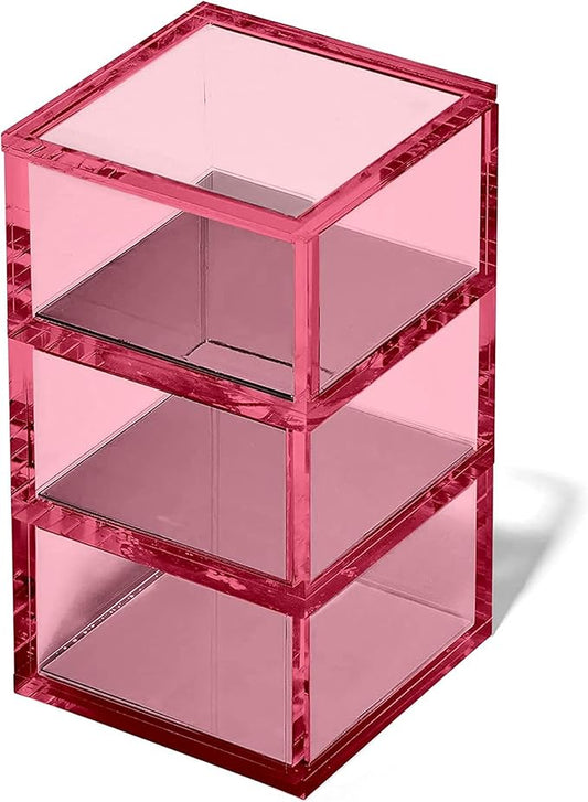 OfficeGoods 3-Tier Stackable Acrylic Holder- Stylish Desk Organizer and Storage for Office or Home – Transparent Square Design, Pink with Silver Metal Base