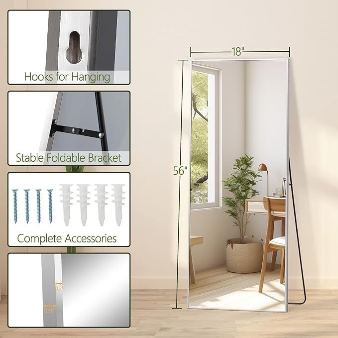 MELOMOIR 56"x18" Full Length Mirror, Silver Floor Mirror with Stand Hanging or Leaning, Aluminum Alloy Frame Full Body Mirror for Bedroom Living Room Cloakroom Hallway, Wall Mirror Full Length, Silver
