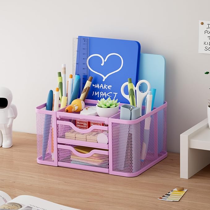 Marbrasse Mesh Desk Organizer, Pen Holder with 2 Drawer, Multi-Functional Pencil Holder, Desk Organizers and Accessories with 5 Compartments + Drawer for Office Art Supplies (Purple)