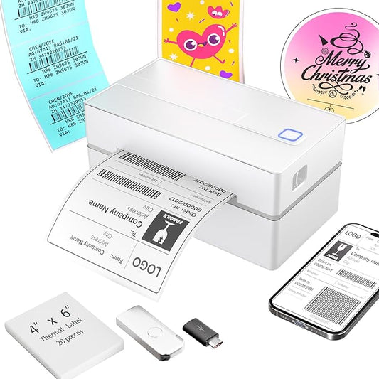 Bluetooth Thermal Shipping Label Printer: 4x6 Wireless Label Maker with Tape for Small Business - Compatible with iPhone, Android, Windows & Mac, Widely Used for USPS UPS Ebay Amazon Shopify, White