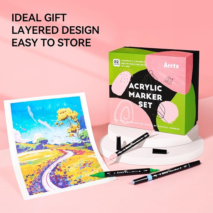 Arrtx Paint Markers Paint Pens, 112 Colors Acrylic Paint Pens Dual-Tip for Rock Painting, Ceramic, Wood, Plastic, Scrapbooking, Brush Lettering, Card Making, DIY Crafts (Fine Tip and Brush Tip)
