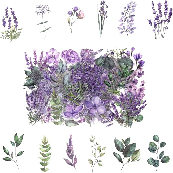 100 Pcs Lavender Purple Flower Stickers for Scrapbooking Junk Journal Notebook Diary Planner Letter Envelope Water Bottle Phone Case Craft Decoration