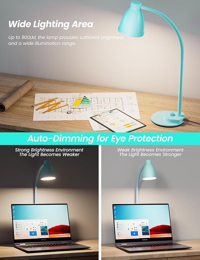 BOHON LED Desk Lamp with USB Charging Port, 3 Color Modes Fully Dimmable Reading Lamp, Auto Dimming Task Lamp, Flexible Gooseneck Table Light for Office Dorm Bedside, Adapter Include, Teal