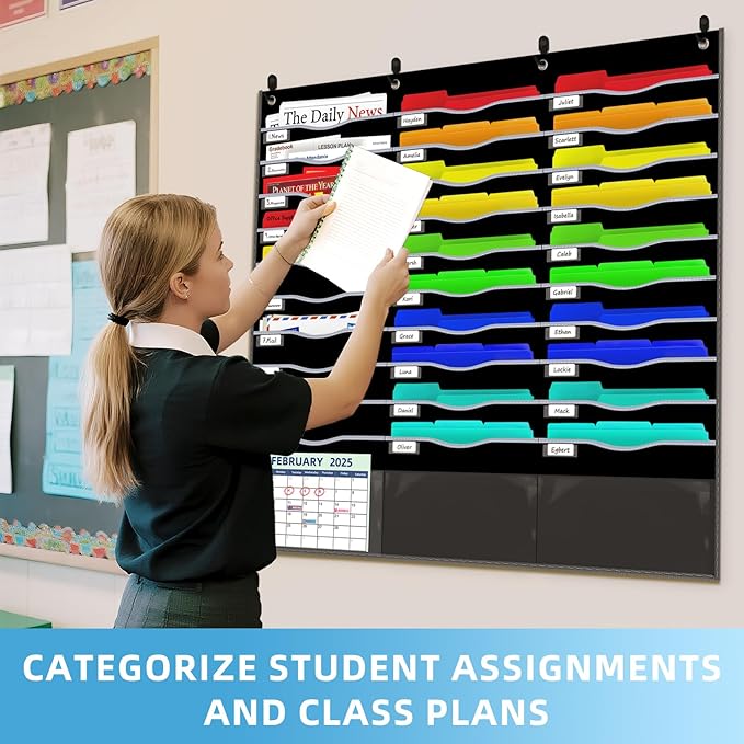 33 Pockets Hanging Wall File Organizer, Sturdy Legal/Letter Size Manila File Folders Organizer, Classroom Pocket Chart with 3 Writable Clear Pockets, 8 Wall/Door Hooks & 36 Labels (Black)