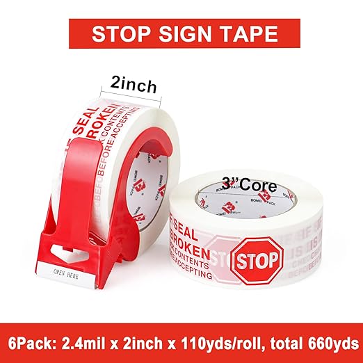Stop Sign Sealing Tape Pre-Printed IF Seal is Broken,Check Contents Before Accepting,Heavy Duty Packing Tape with Dispenser 2 Inch x 110 Yards,Packaging Tape for Moving and Shipping (White)