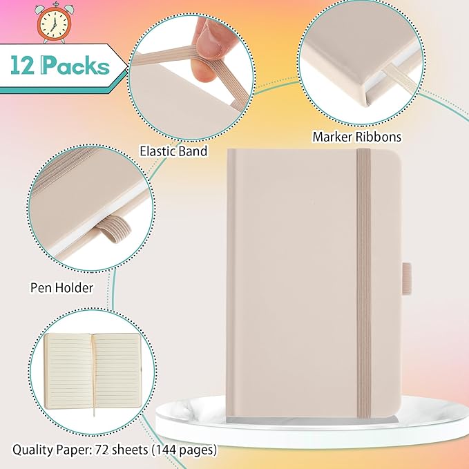 Laumoi 12 Pieces Small Notebooks A6 Pocket Journals 3.5 x 5.5 Inch Small Leather Notebook Mini Ruled Lined Journal with Elastic Band Pen Holder Page Marker Ribbons (Bright Colors)
