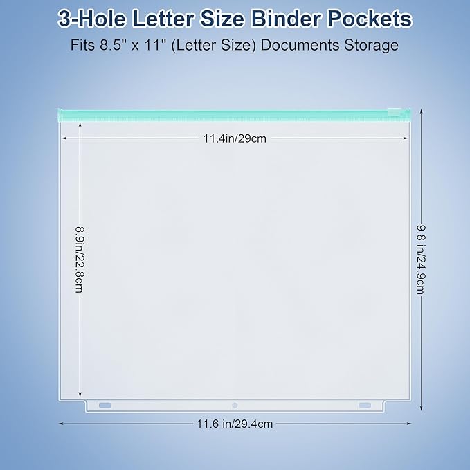 Antner 50PCS Letter Size Binder Pockets for 3 Ring Binder, 10 Assorted Colors Zipper Pouches Waterproof PVC Document Organizer File Folders 3-Hole Loose Leaf Insert Bags Page Sleeves Sheet Protectors