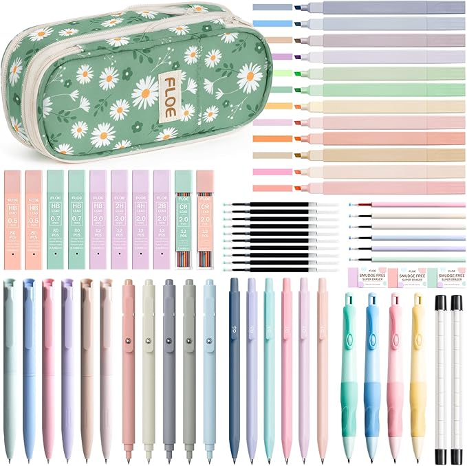 65PCS Aesthetic School Supplies with Cute Pencil Case, Pastel Highlighters Gel Pens Mechanical Pencils Set 0.5 0.7 & 2.0mm, Office Back to School Supplies College Essentials Kit Student Stationary Set
