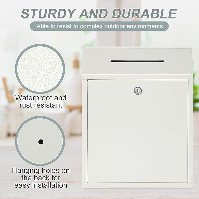 Metal Donation Cash Box Collection Safe Suggestion Box with Lock Wall Mounted Mailbox Delivery Ballot Container for Home Office Outdoor Door(White,15 x 12 x 4 Inch)