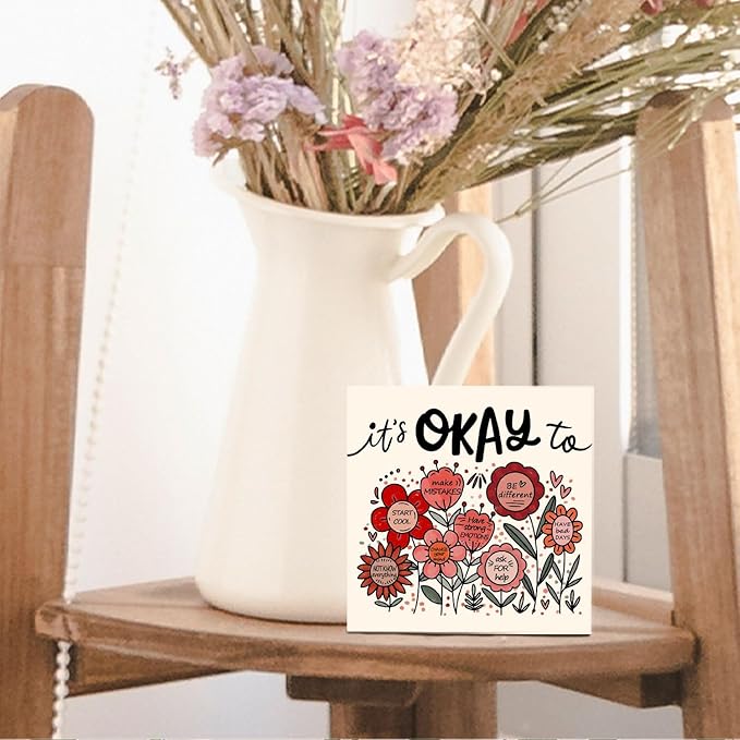 Boho Floral Mental Health Wooden Sign - Therapy Office Must Haves, Self Love Gifts for Women, It's Okay To Inspirational Wood Signs for Therapy Counselor Desk Shelf Tabletop Decor, 5x5 Inches