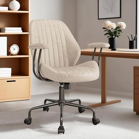 ovios Ergonomic Home Office Chair, Mid-Century Modern Faux Leather Chairs with Padded Armrests, Comfy Mid Back Swivel Rolling Executive Computer Armchair (Beige, Suede Leather)