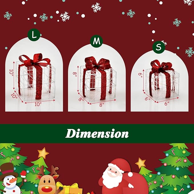 Tangkula Set of 3 Christmas Lighted Gift Boxes, Christmas Box Decorations with 60 LED Lights, Small Medium and Large Presents Boxes with Waterproof Plug, Suitable for Indoor and Outdoor