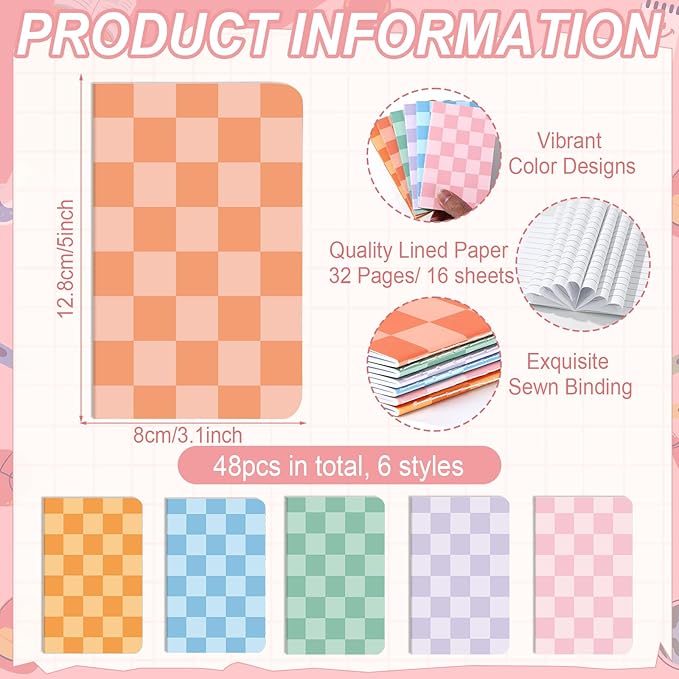 48 Pack Mini Hippie Groovy Notebooks Back to School Favors Small Pocket Size Retro Pink Blue Checked School Girl Notebooks for Students Teacher Appreciation Gift Employee Classroom Prize 5x3 Inch