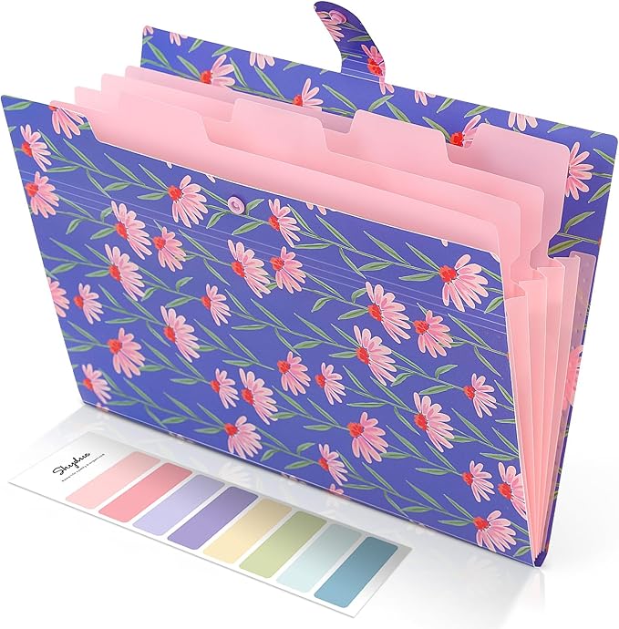 SKYDUE Expanding File Folder with 5 Pockets, Accordion File Organizer,Portable Receipt Paper Documents Organizer,Letter Size Filing Folder School Office Supplies,Periwinkle Blue