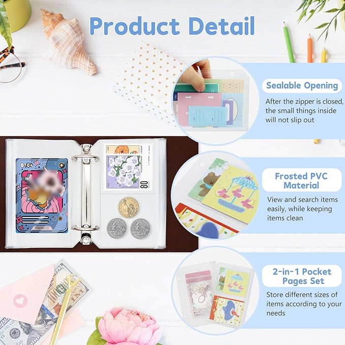 16 Pack Zippered Binder Pocket Sleeves for A7 Binder - Frosted Zipper Pouch Set Photo Card Jewelry Storage Organizer Binder Insert Refill Cash Saving Pages Protector Loose Leaf Bag (2-Hole)