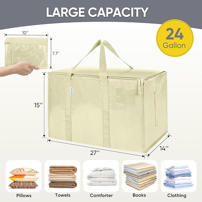 TICONN 4 Pack Extra Large Moving Bags with Zippers & Carrying Handles, Heavy-Duty Storage Tote Moving Boxes for Space Saving (4 Pack, Cream)