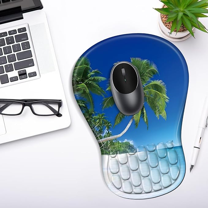 YIWEI Ergonomic Mouse Pad with Wrist Rest Support, Mousepad with Comfortable Memory Foam Wrist Rest and Non-Slip PU Base for Pain Relief, Computer, Laptop, Office, Home (Beach-3)