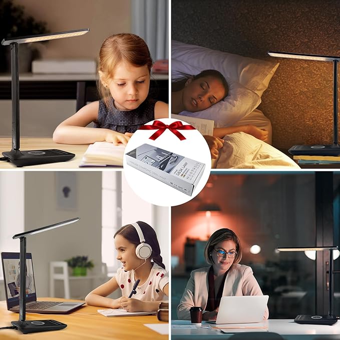 Desk Lamp with Wireless Charger，USB Charging Port, Dimmable Office Desk Light with Clock, Alarm, Date, Temperature, Foldable Lamp for Table Bedroom Bedside Office (Black Pro, Standard Size-13.3 inch)