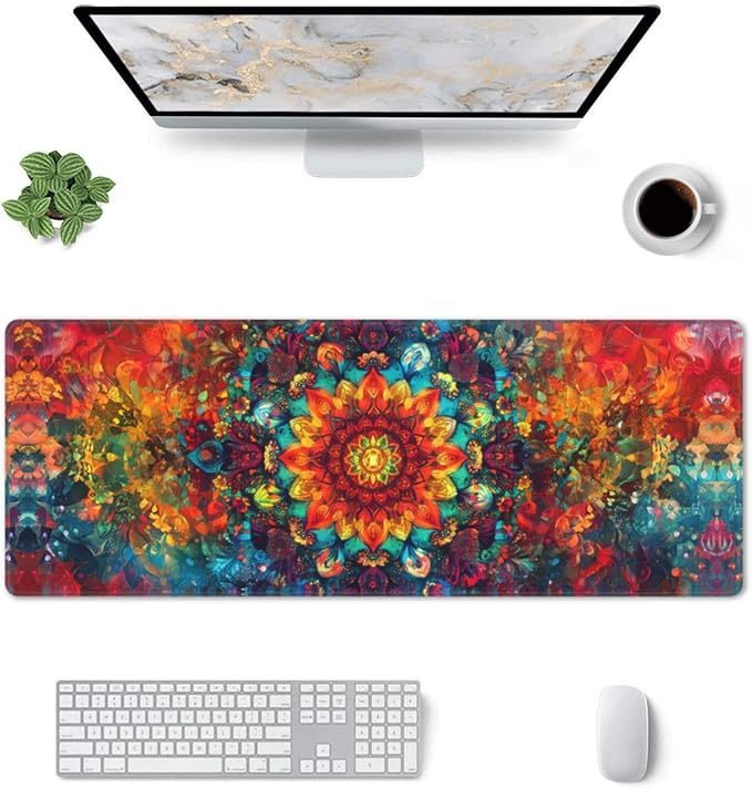 Mandala Mouse Pad 31.5 X 11.8 Inch Big Desk Rubber Base Stitched Edges Keyboard Pad XXL Mouse Mat for Home Game and Office