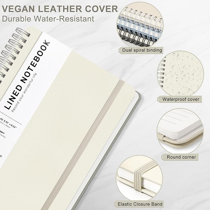 Lined Spiral Journal Notebook, A5 Hardcover Leather Notebook for Work, 5.7''×8.2'', 100GSM Thick Paper Spiral Bound Journaling Notebook for Women Men Office School Note Taking Business, Morandi Cream