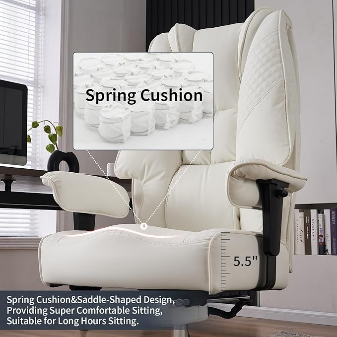Big and Tall Office Chair 400lbs Wide Seat, Leather High Back Executive Office Chairs with Foot Rest, Ergonomic Lumbar Support for Lower Back Pain Relief (White)