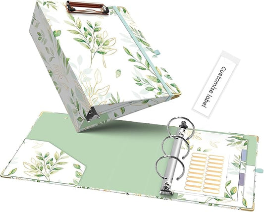 Ospelelf Small Three Ring Binder 2 Inch, Green Floral Round Ring Clipboard Binder with 5 Tab Dividers, for School and Office Supplies, Greenleaf