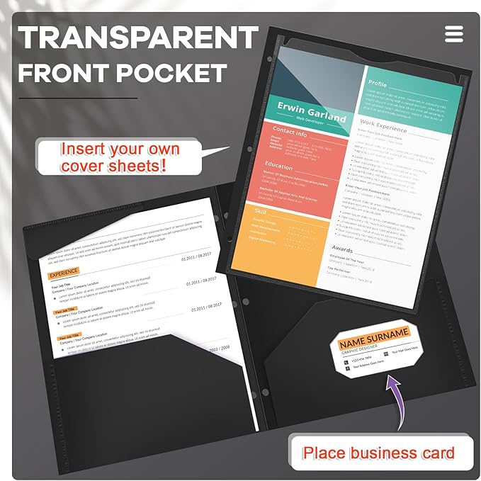 Henoyso 36 Pcs 2 Pocket Plastic Folders with Clear Front Pocket 3 Hole Punched File Folder Letter Size Take Home Documents Holder for Paper Holder Office Business Back to School Supply (Black)