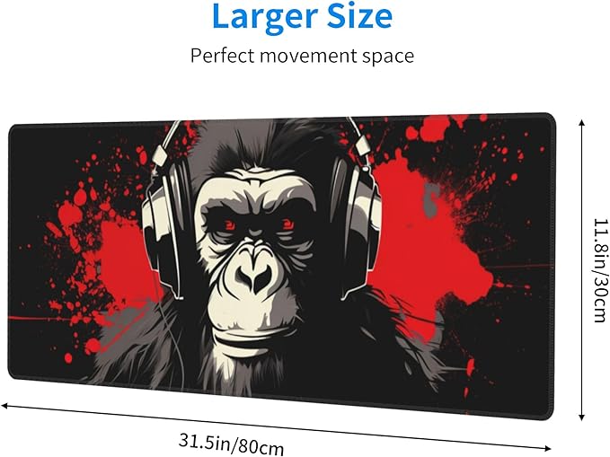 Stylish Gorilla with Headphones Against Themed Mouse Pad 31.5 x 12 Inch, Anti-Slip Rubber Base, Ideal for Computer, Laptop, Office & Home Use
