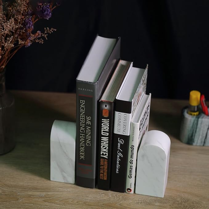 Koville Luxury Greek Marble Bookends for Shelves, Decorative Book Ends, 7lbs Heavy-Duty Marble Book Holders, Bookshelf Apartment Decor for Normal Books/CD/Video Games(Volakas)