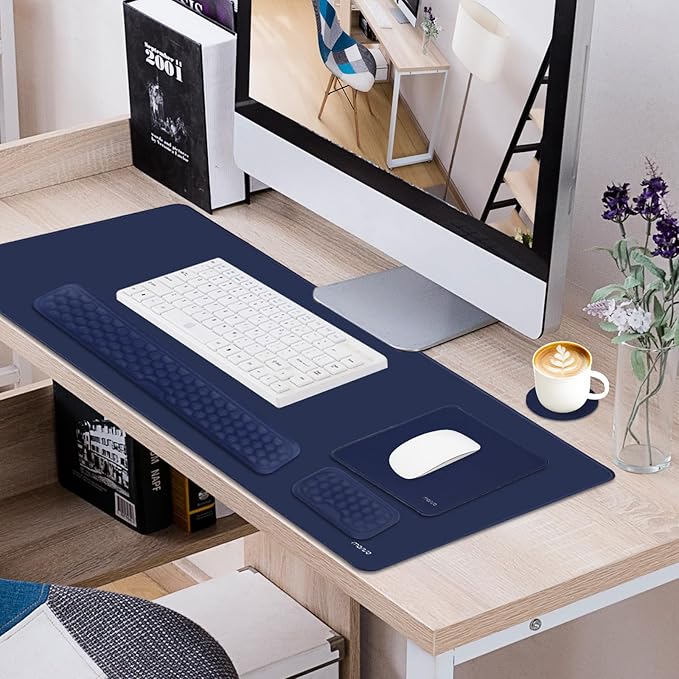 MOSISO Large Gaming Mouse Pad&Massage Keyboard Wrist Rest&Mousepad&Wrist Rest&Coaster,Ergonomic Non-Slip Base Pad Set&Pain Relief Easy Typing Cushion with Memory Foam for Home Office, Navy Blue