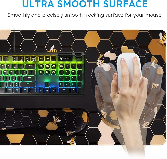 iCasso Desk Mat, Gaming Mouse Pad Wrist Support Set,4in1 XXL Large Mousepad + Keyboard Wrist Rest+Mouse Wrist Rest+Coaster Set with Ergonomic Design for Home Office Table Computer-Honeycomb