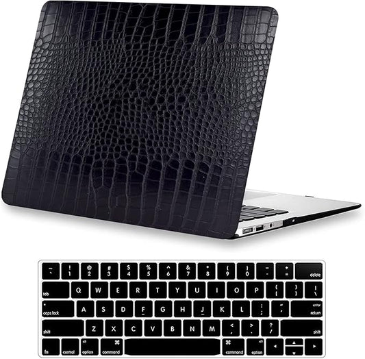 KEROM Compatible with Crocodile MacBook Pro 15 inch Case 2019 2018 2017 2016 Release A1990 A1707 with Touch Bar, Crocodile Skin Alligator Skin PU Leather Hard Shell Case & Keyboard Cover, Black