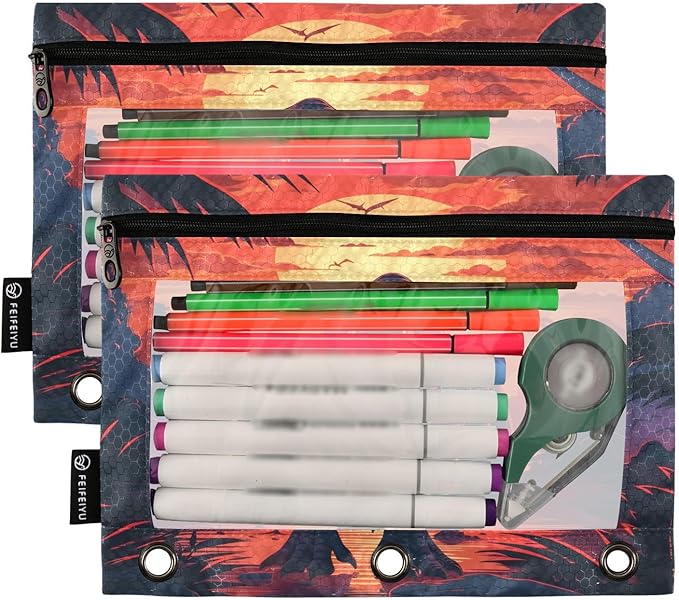 Dinosaur Pencil Pouch for 3 Ring Binder, 2 Pack Waterproof Pencil Bags Clear Window Zipper School Office Supplies