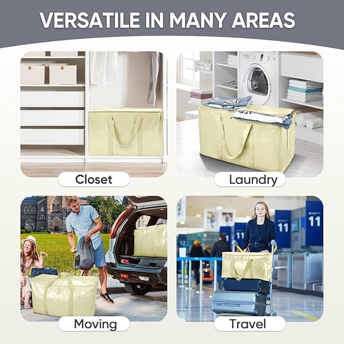 TICONN 2 Pack Extra Large Moving Bags with Zippers & Carrying Handles, Heavy-Duty Storage Tote Moving Boxes for Space Saving (2 Pack, Cream)